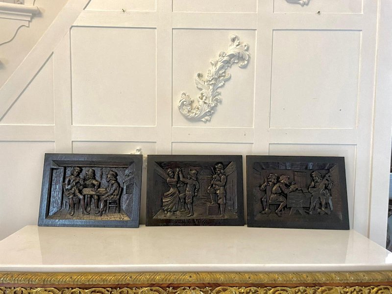 Outstanding Quality Set of 3 Antique Victorian Carved Oak Panels - Image 2